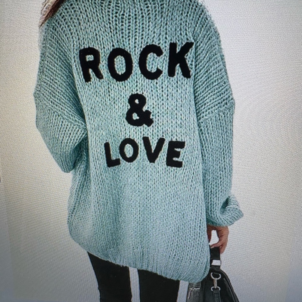 Cozy Blue Cardigan with 'Rock & Love' Design